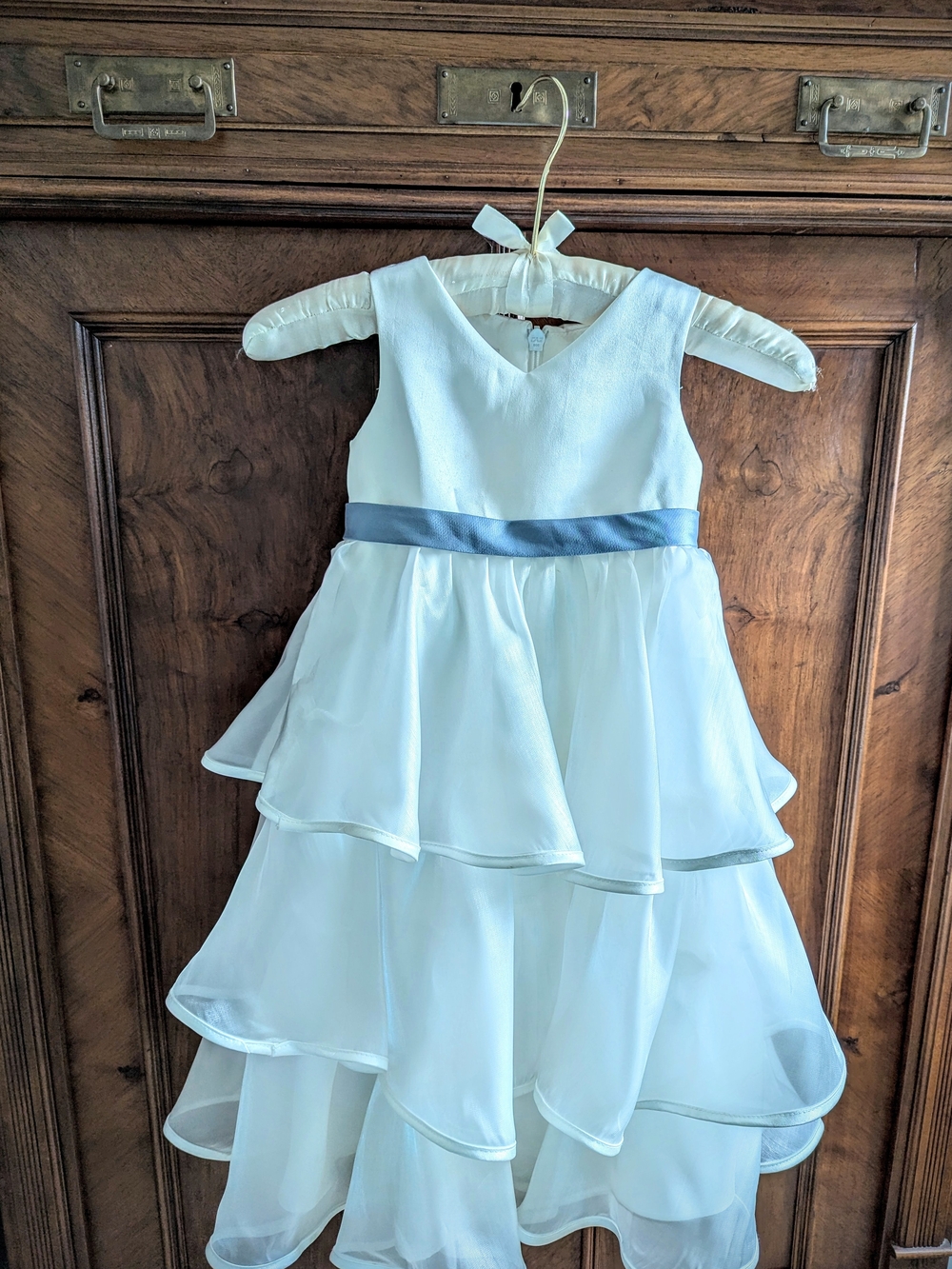 Azazie White Tiered Chiffon Girls Dress with Blue Sash